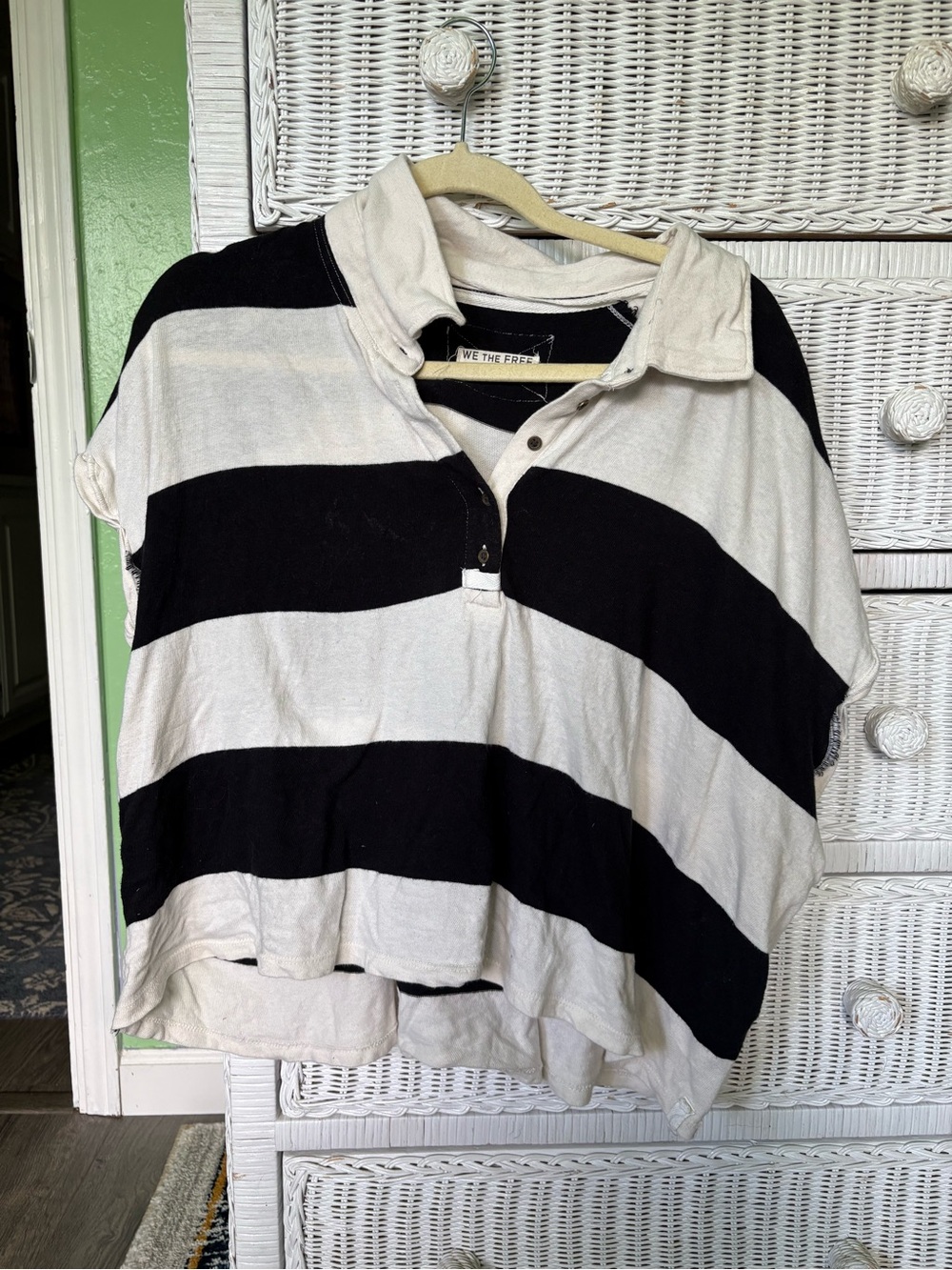We The Free Black & White Striped Rugby Polo